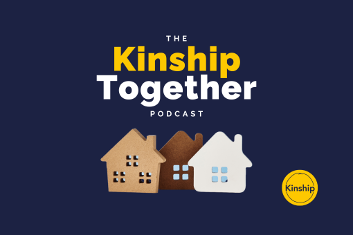 A graphic with three houses against a navy blue background. Above the three houses, there is text that says The Kinship Together Podcast.