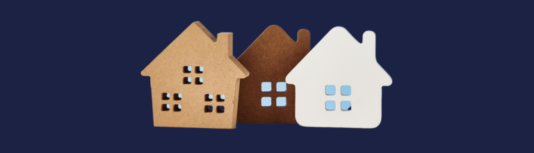 Graphic showing the front of three overlapping houses, set against a navy blue background.
