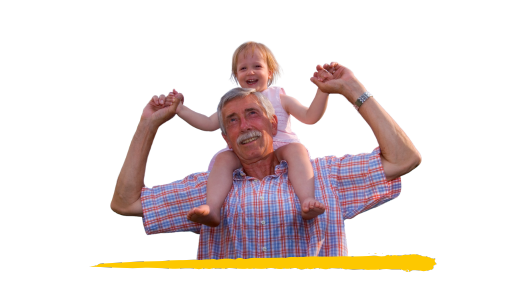 Head and shoulders shot of an older man with a small girl on his shoulders.